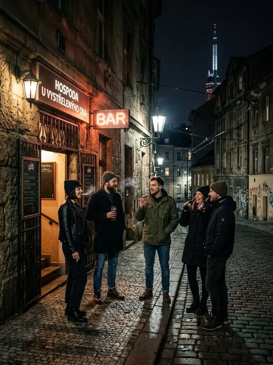 Prompt: A moody, cinematic street scene in Prague's Žižkov district at night. A group of stylish locals standing outside a glowing underground bar, smoking and talking. Cobblestone street, dark urban aesthetic, 35mm photography, highly detailed --ar 4:5