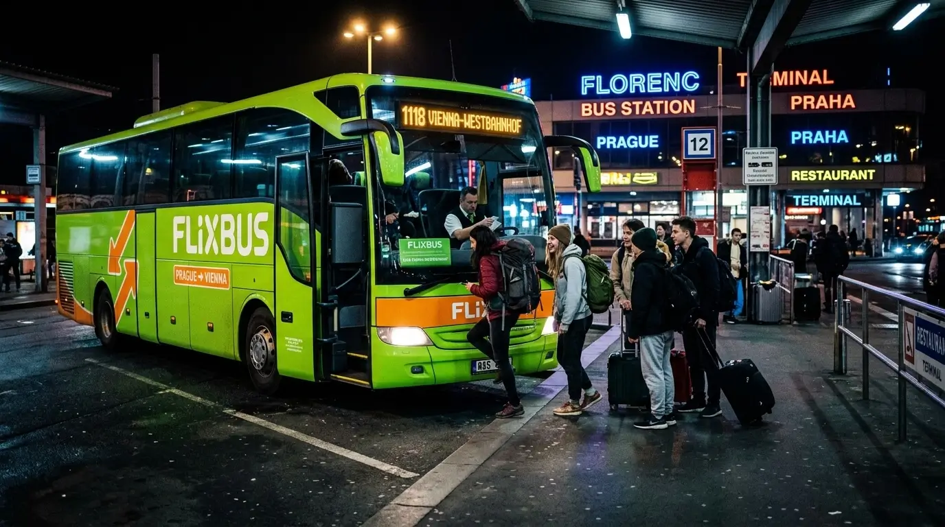 Prompt: A bright green Flixbus parked at the Prague Florenc bus station at night. Students boarding the bus with backpacks. Dark urban background, neon lights, high contrast street photography --ar 16:9