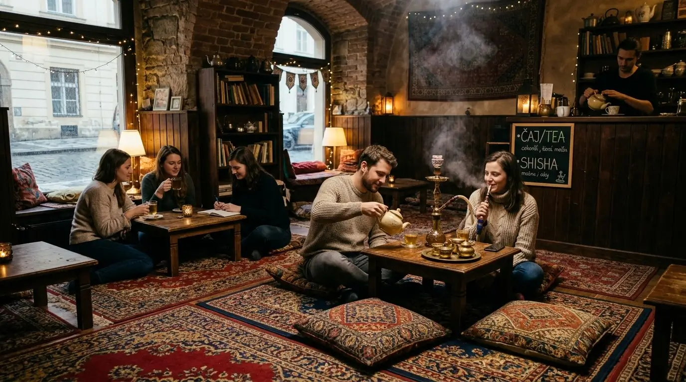 Prompt: Inside a traditional Czech Čajovna (tea house). Low wooden tables, pillows on the floor, ornate oriental carpets. A warm, relaxing, and quiet atmosphere. People drinking tea and smoking shisha. Documentary photography, realistic --ar 16:9