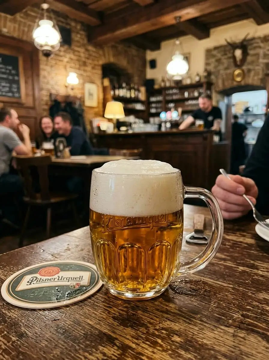 Prompt: A close up of a perfectly poured Czech Pilsner with thick white foam in a heavy glass mug on a wooden pub table. A blurred authentic Prague pub in the background. Cinematic, realistic, 35mm photography --ar 4:5