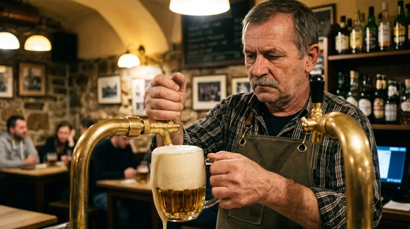 Prompt: A traditional Czech bartender with a serious expression pouring a draft beer from a polished brass tap. Focus on the thick wet foam spilling slightly over the glass. Documentary style, sharp focus, pub lighting --ar 16:9