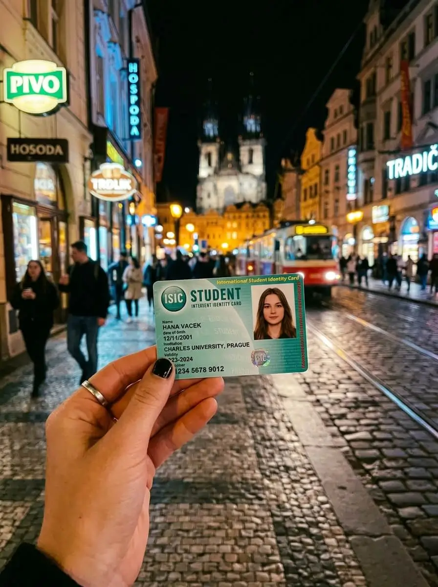 Prompt: A close up of a hand holding a green and white ISIC student card against a blurred background of a neon-lit Prague street at night. Cinematic, vibrant nightlife aesthetic, 35mm photography, highly detailed --ar 4:5