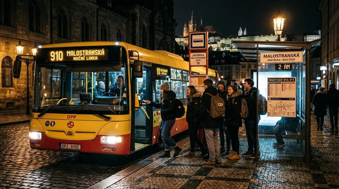 Prompt: A dark Prague bus stop at 2 AM. A yellow and red city night bus arriving, students boarding. Cinematic lighting, glowing street lamps, realistic urban transit aesthetic --ar 16:9