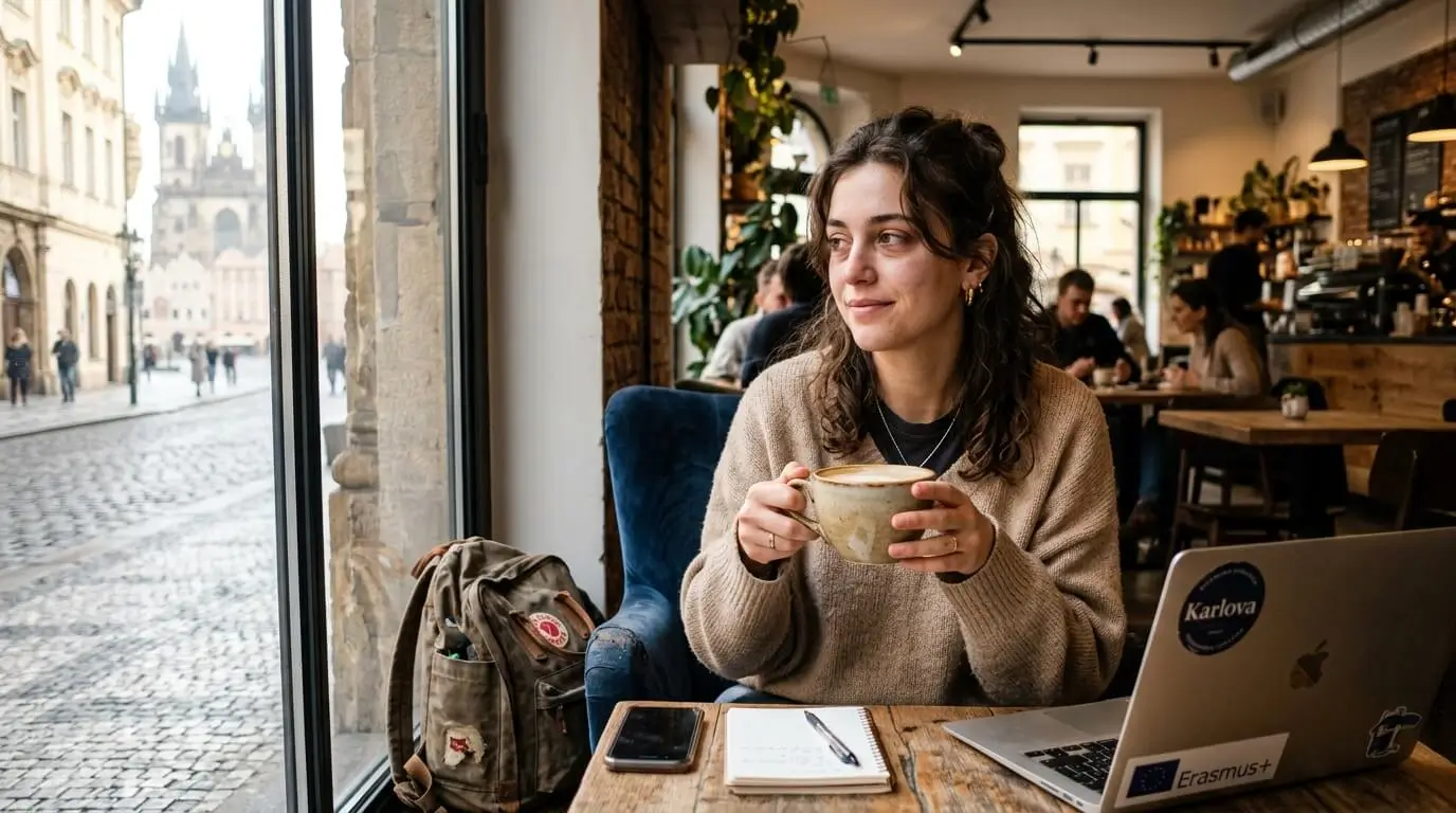 Prompt: A tired but stylish international student sitting in a modern Prague cafe the morning after a party, holding a large cup of coffee. Soft morning sunlight streaming through the window, realistic, high quality --ar 16:9