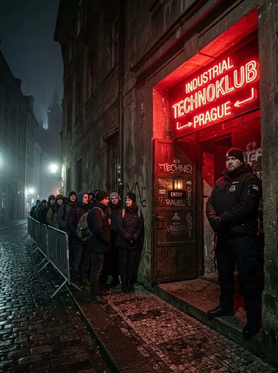 Prompt: A dark, moody entrance to an industrial underground techno club in Prague. A stern bouncer standing at the door, red neon light, heavy fog, people waiting quietly in line. Cinematic, 35mm photography, highly detailed --ar 4:5