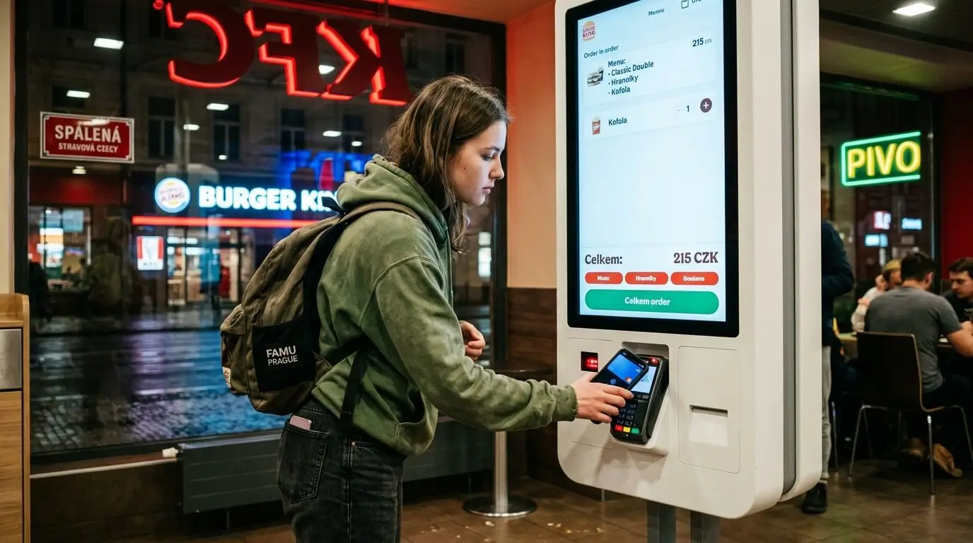 Prompt: A brightly lit fast food restaurant ordering screen at 3 AM in Prague. A young student tapping a smartphone to pay. Neon lights, urban night atmosphere, realistic documentary style --ar 16:9