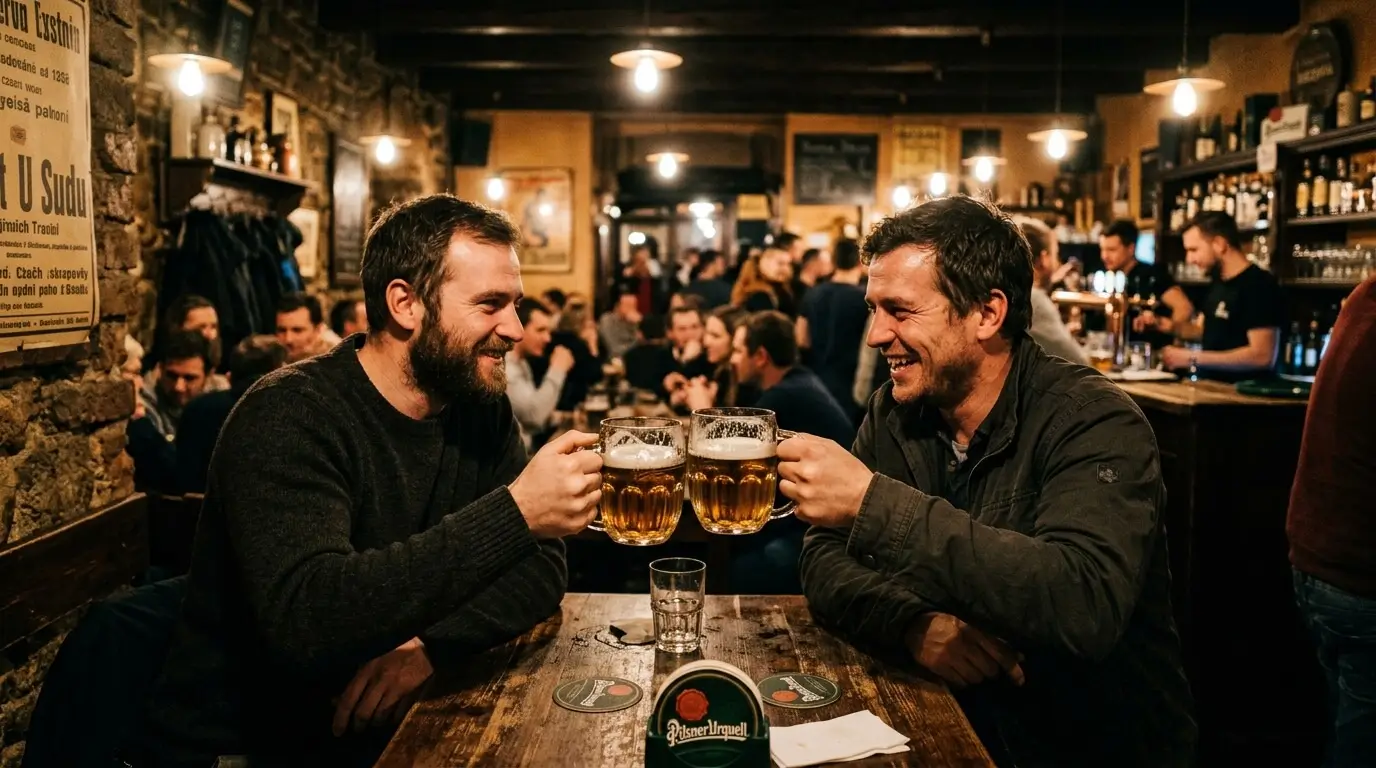 Prompt: Two friends clinking heavy beer glasses in a crowded, dimly lit Prague pub, making direct eye contact. Authentic local atmosphere, warm lighting, realistic street photography style --ar 16:9