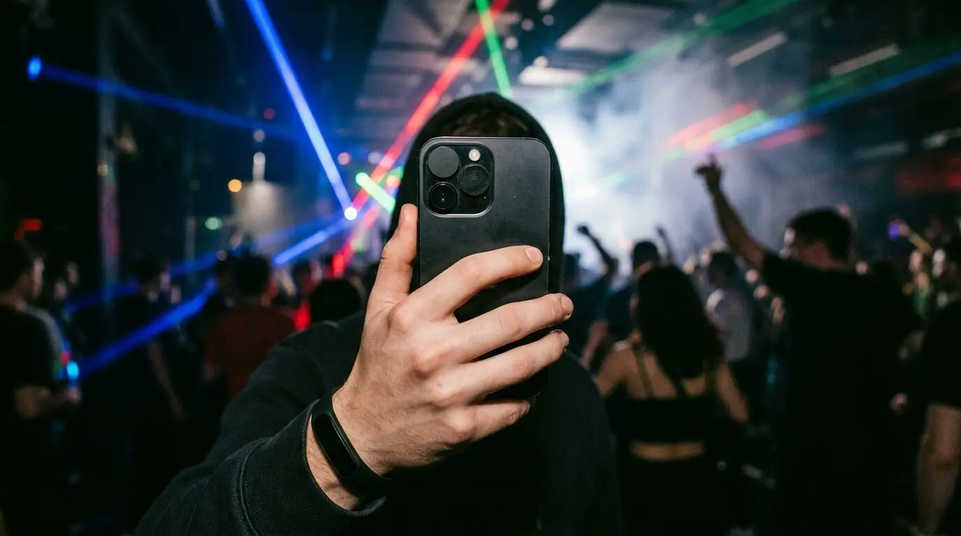 Prompt: Close up of a smartphone with a small black sticker placed over the camera lens. Held by a hand inside a dark, laser-lit nightclub environment. High quality, realistic, documentary style --ar 16:9