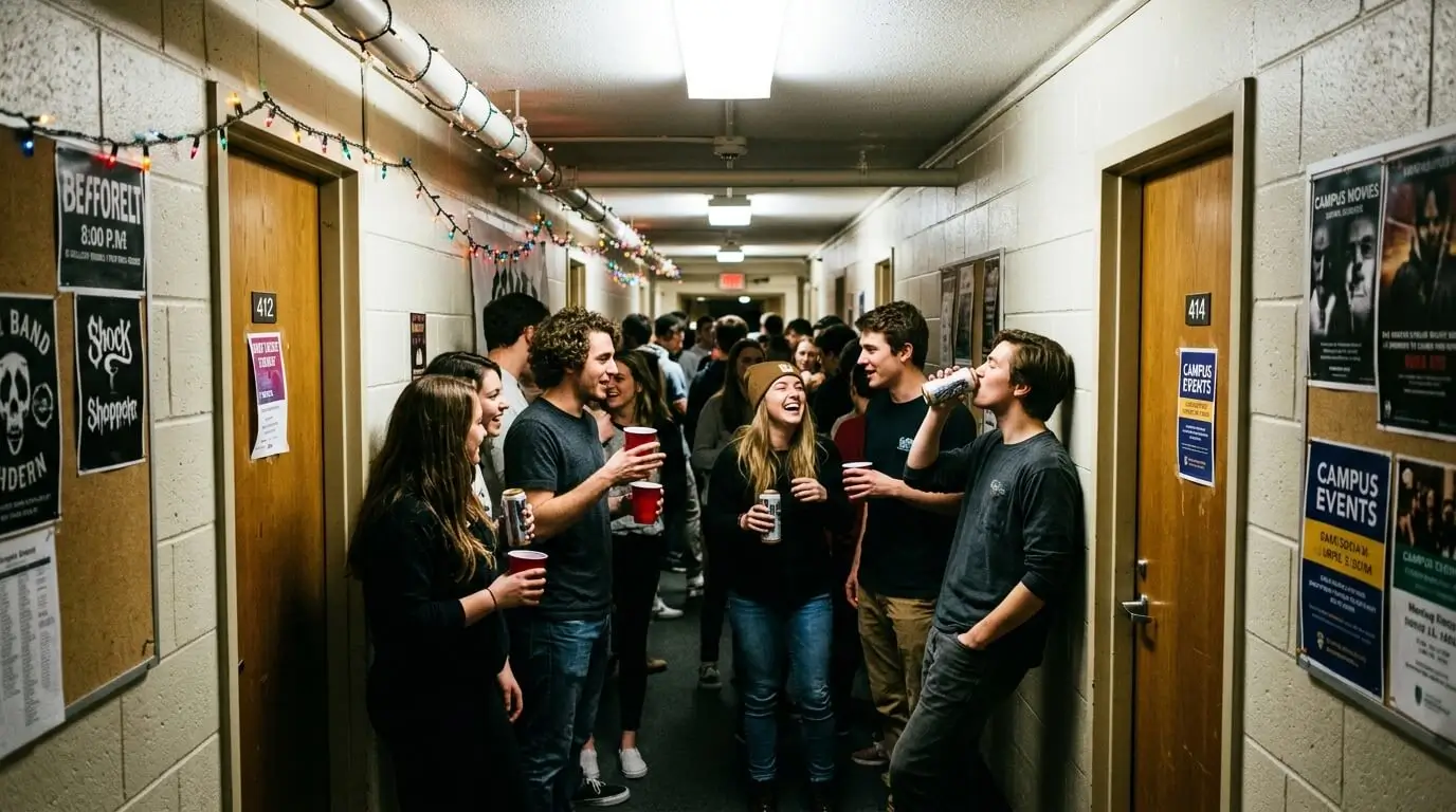 Prompt: Inside a brightly lit, narrow dormitory corridor. Young students standing around holding plastic cups and beer cans, talking and laughing. Authentic college party atmosphere, high contrast, documentary photography style --ar 16:9