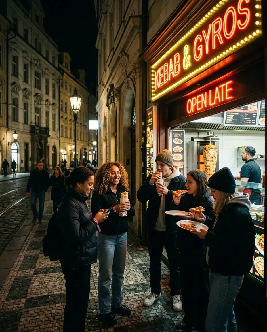 Prompt: A cinematic, neon-lit shot of a vibrant late-night kebab shop in Prague. Group of stylish students eating street food after a party, warm glowing lights, 35mm photography, highly detailed, realistic --ar 4:5
