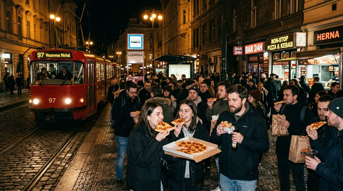 Prompt: Close up of a delicious loaded doner kebab in hands on a dark Prague street at night. Neon signs blurred in the background. High quality food photography, appetizing, street style --ar 16:9