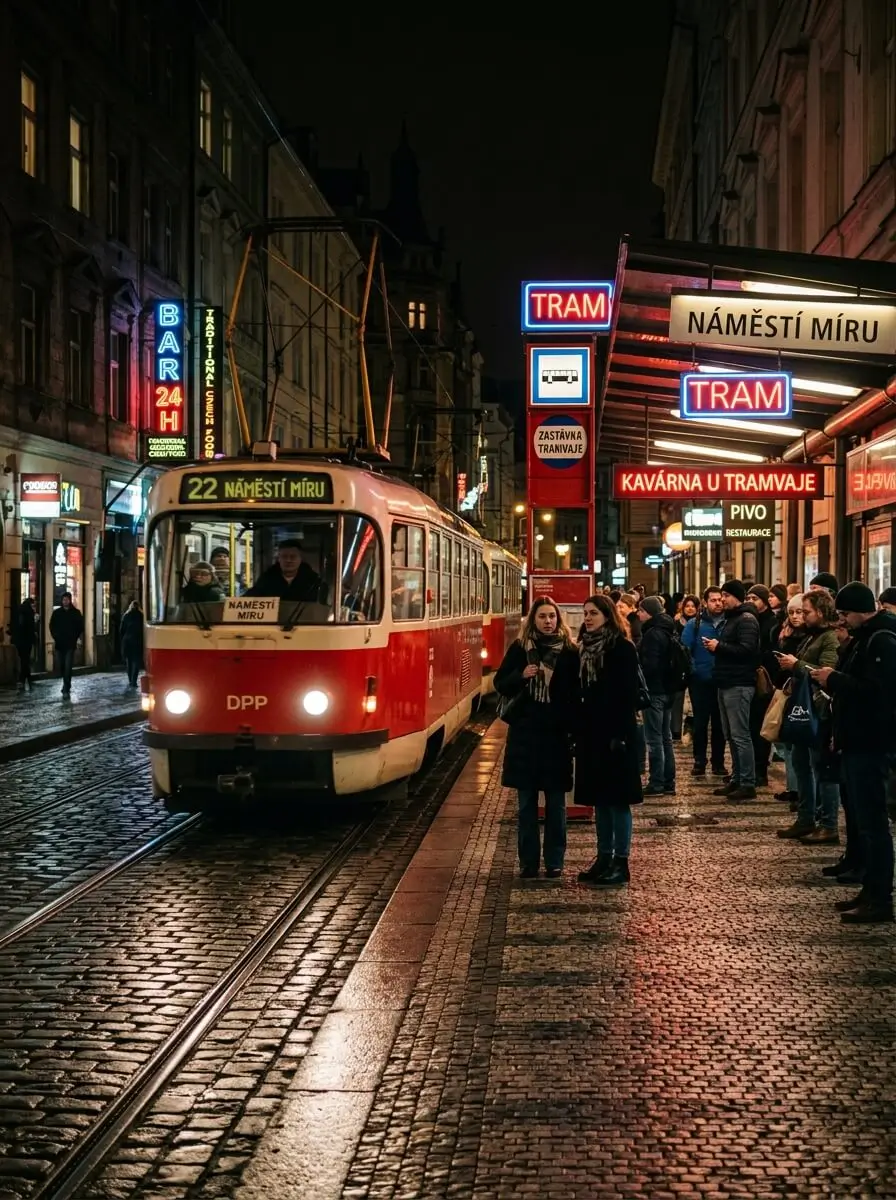 Prompt: A classic red Prague tram arriving at a dark, neon-lit stop at night. People waiting on the cobblestone platform. Cinematic street photography, moody urban nightlife vibe, 35mm, realistic --ar 4:5