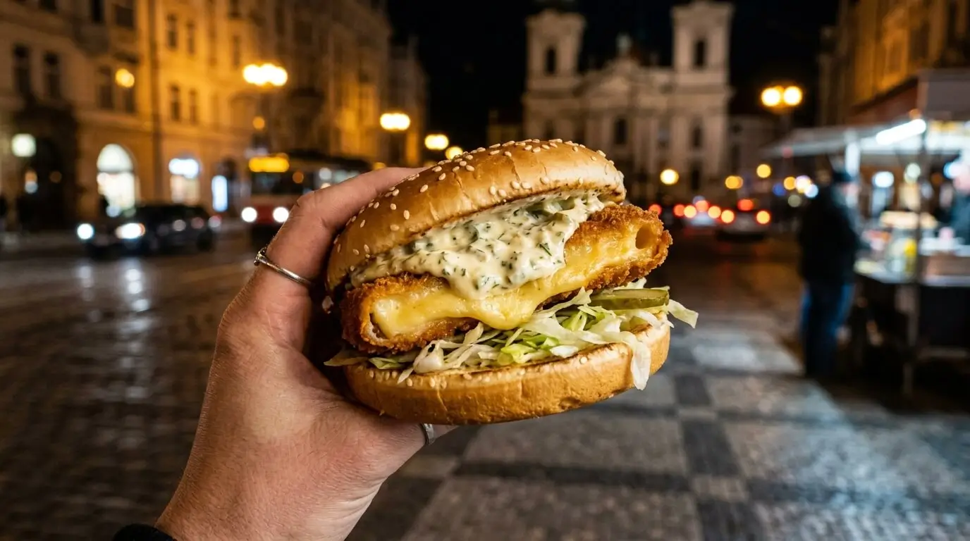 Prompt: A bustling night tram stop in Prague at 3 AM. People standing near a brightly lit street food kiosk eating fried cheese in buns. Cinematic street photography, dark background with glowing yellow and red kiosk lights --ar 16:9