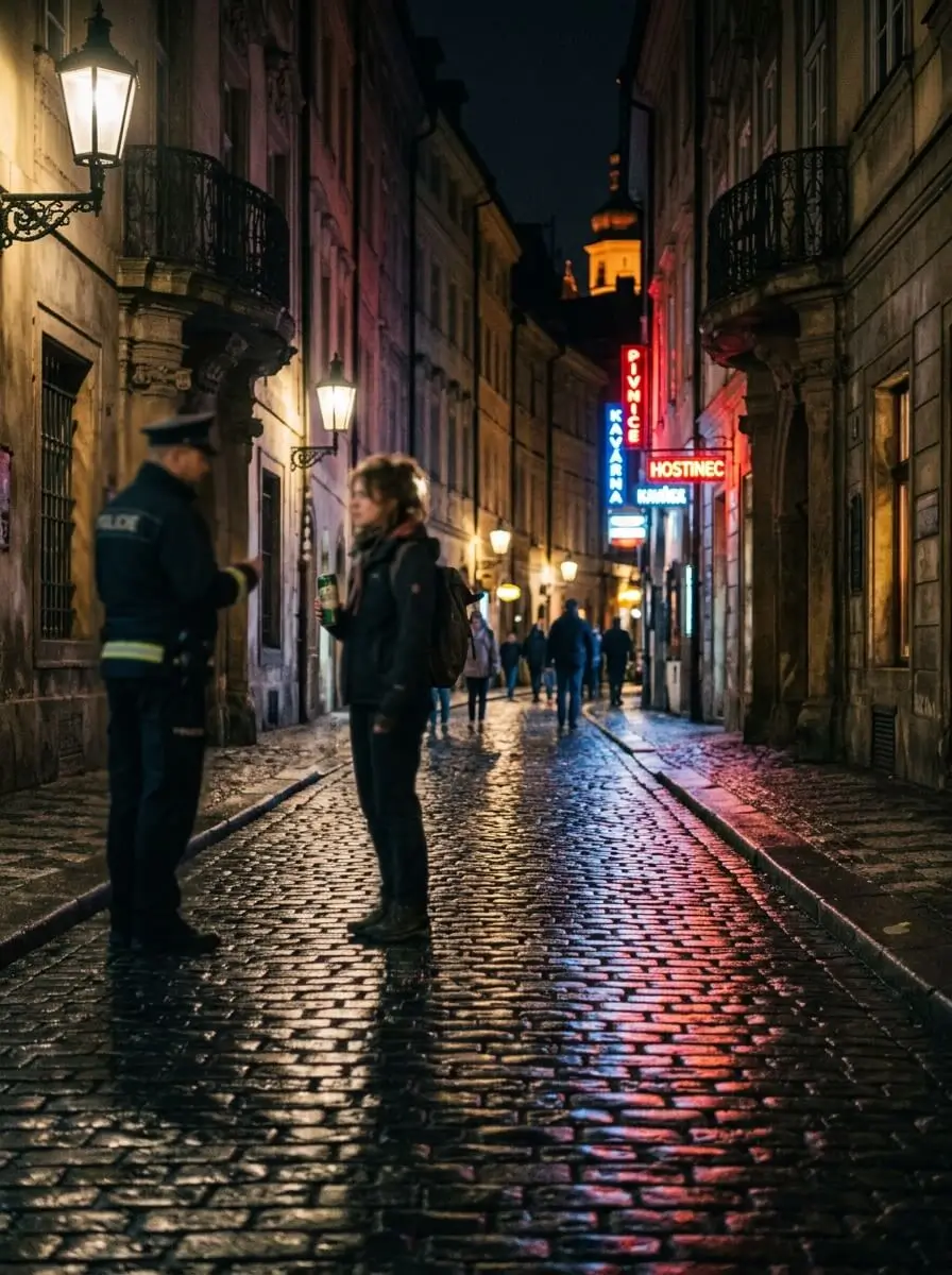 Prompt: A cinematic, slightly moody night shot of a cobblestone street in Prague. A blurred police officer in the background talking to a tourist holding a beer can. Neon lights reflecting on the wet street. 35mm photography, highly detailed, realistic --ar 4:5