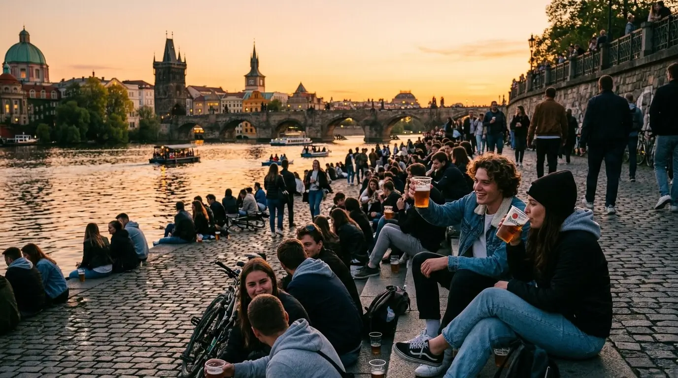Prompt: Crowded riverbank in Prague (Naplavka) at sunset. Young people sitting near the water drinking beer from plastic cups. Warm evening light, vibrant atmosphere, cinematic documentary style --ar 16:9