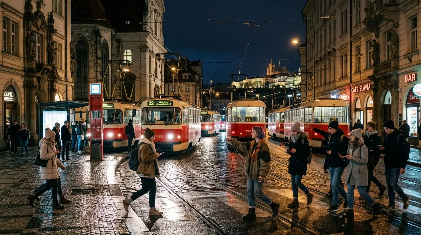 Prompt: A busy tram intersection at night in Prague. Multiple red trams converging, young stylish people crossing the street and changing lines. Cinematic lighting, glowing tram headlights, realistic street photography --ar 16:9