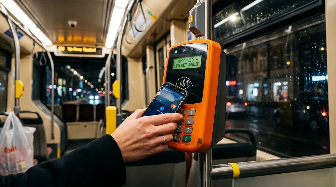 Prompt: Close up of a hand tapping a smartphone or credit card on an orange contactless ticket terminal inside a brightly lit tram at night. High contrast, realistic, modern transit aesthetic --ar 16:9