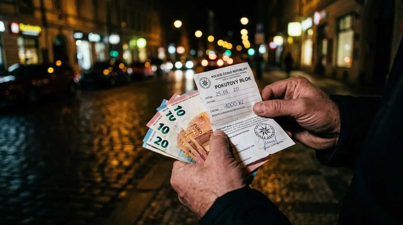Prompt: Close up of a person holding euros and a Czech police fine ticket on a dark street at night. Blurred city lights in the background. High contrast, sharp focus on the hands and paper, realistic street photography --ar 16:9