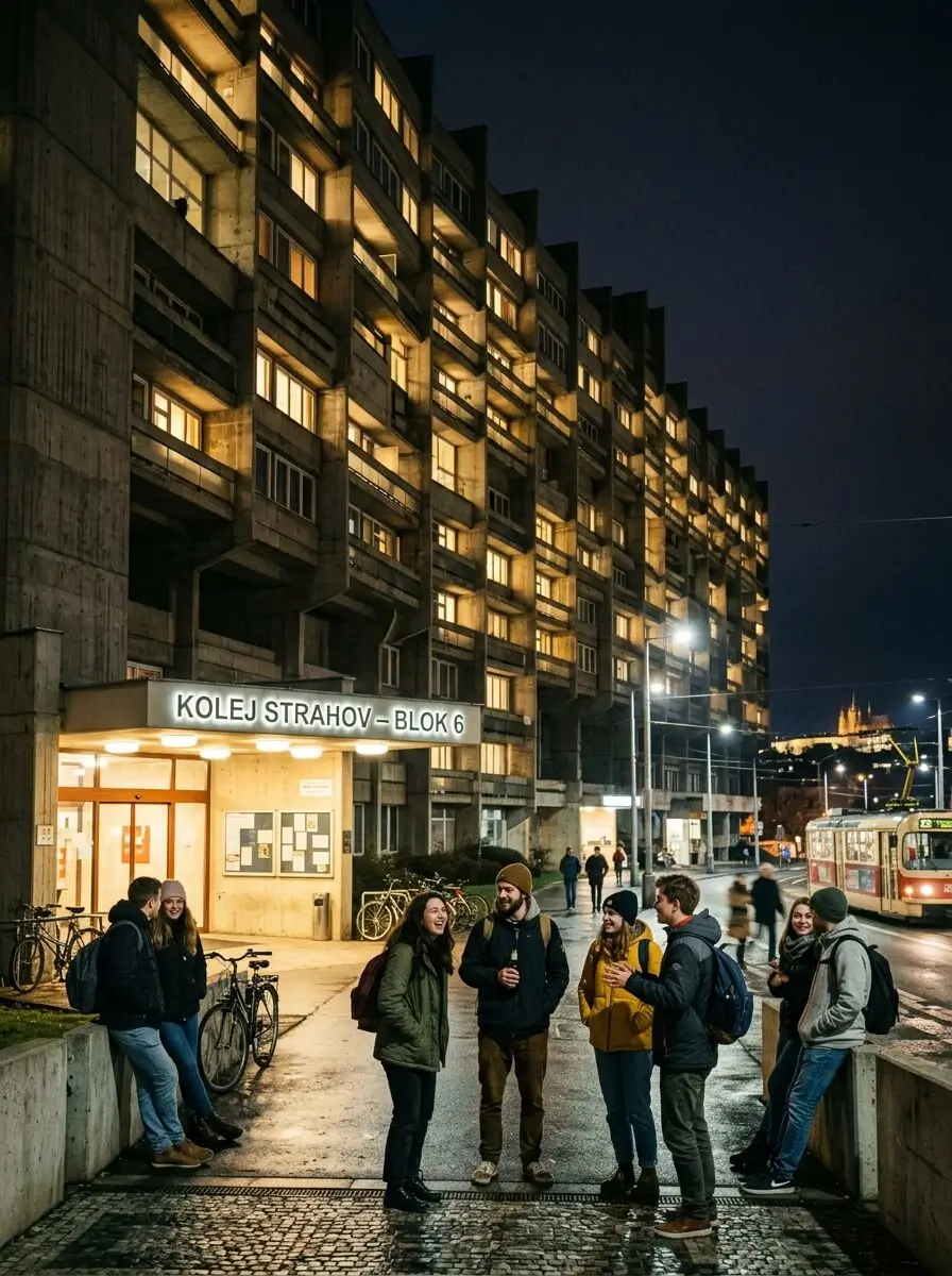 Prompt: A massive brutalist concrete student dormitory building in Prague at night. Glowing windows, a group of young international students hanging out outside near the entrance. Cinematic, moody urban nightlife, 35mm photography, realistic --ar 4:5