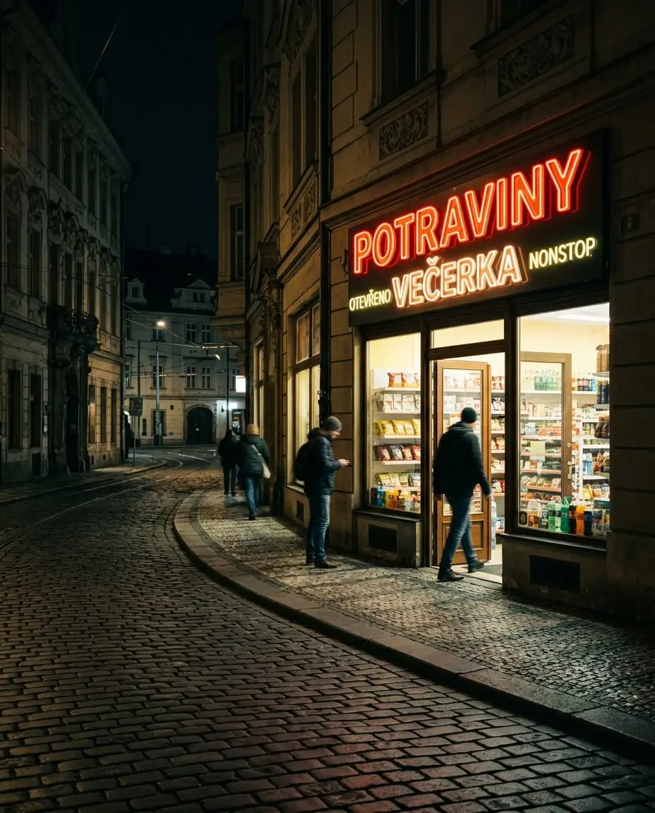 Prompt: A glowing neon 'Potraviny Večerka' sign on a dark, historic cobblestone street in Prague. Warm light spilling out of the small minimarket onto the pavement. Cinematic street photography, 35mm, realistic, highly detailed --ar 4:5