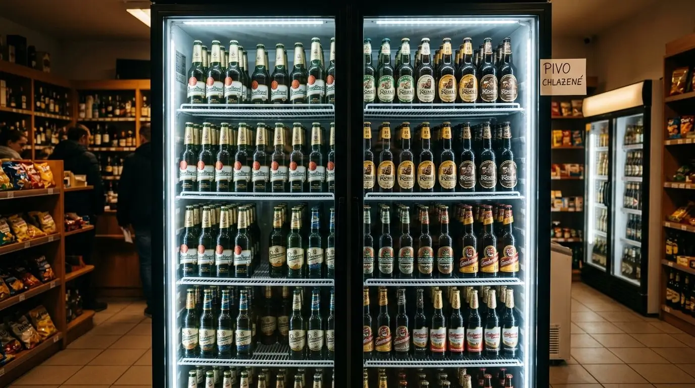 Prompt: A brightly lit glass refrigerator inside a small convenience store, packed with different brands of Czech beer bottles (Pilsner, Kozel). Cinematic interior lighting, realistic --ar 16:9