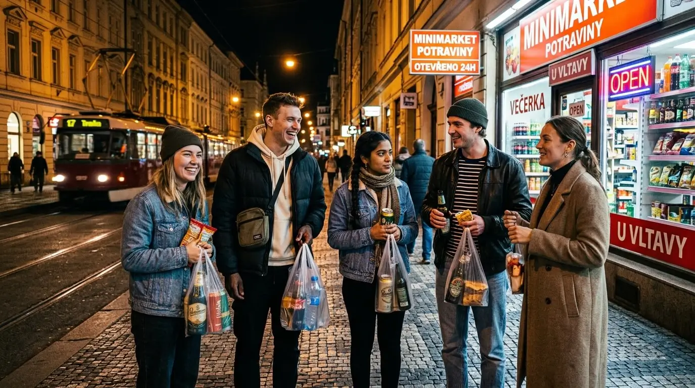 Prompt: A group of stylish international students standing outside a brightly lit minimarket at night in Prague, holding small plastic bags with drinks. Urban nightlife vibe, high contrast, street style photography --ar 16:9
