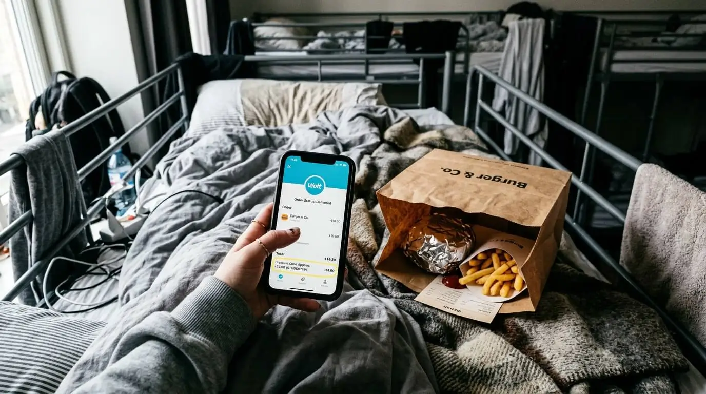 Prompt: A close up of a messy hostel bed in the late morning. A hand holding a smartphone showing a food delivery app (like Wolt) with a discount code applied. A paper bag with a burger and fries resting on the blanket. High contrast, realistic student life --ar 16:9