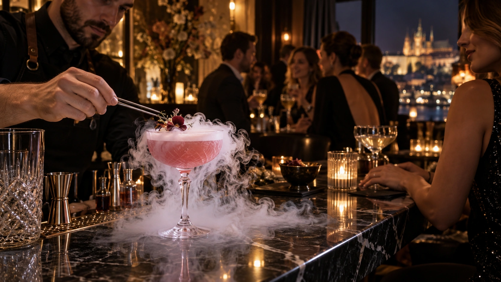 Prompt: A beautifully crafted pink signature cocktail with dry ice smoke on a dark marble bar counter in an upscale Prague lounge. Warm ambient lighting, sophisticated nightlife vibe, high quality --ar 16:9
