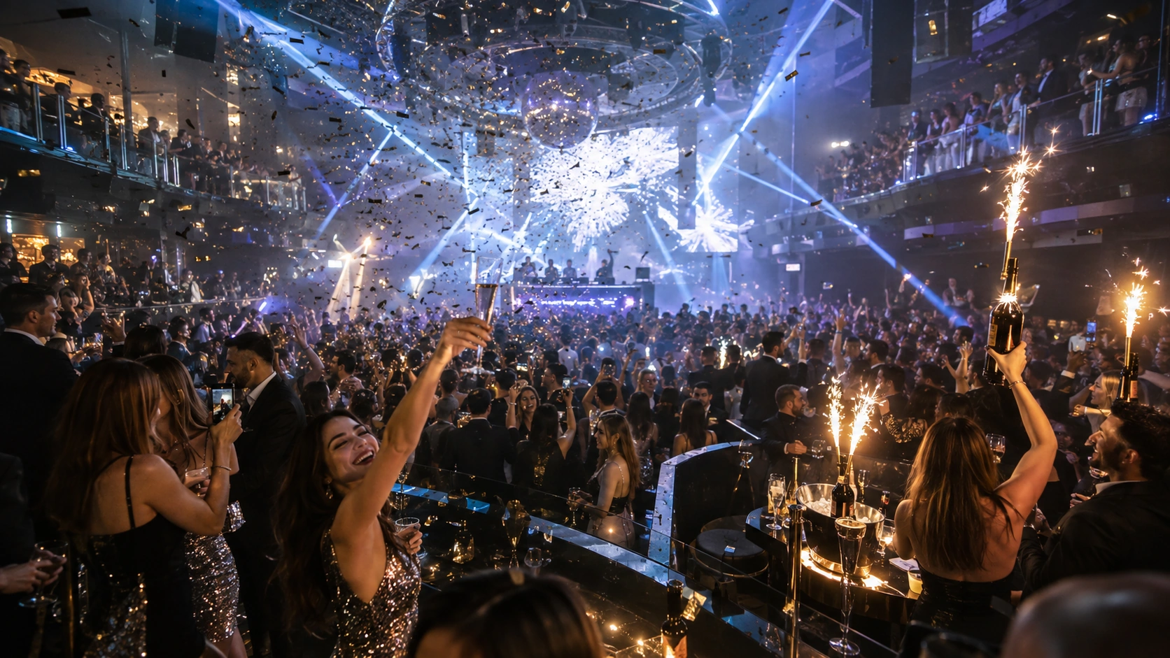 Prompt: High energy New Year's Eve party inside a massive modern mega-club in Prague, laser lights cutting through smoke, confetti falling from the ceiling, VIP tables with glowing bottle service sparklers, realistic nightclub photography --ar 16:9