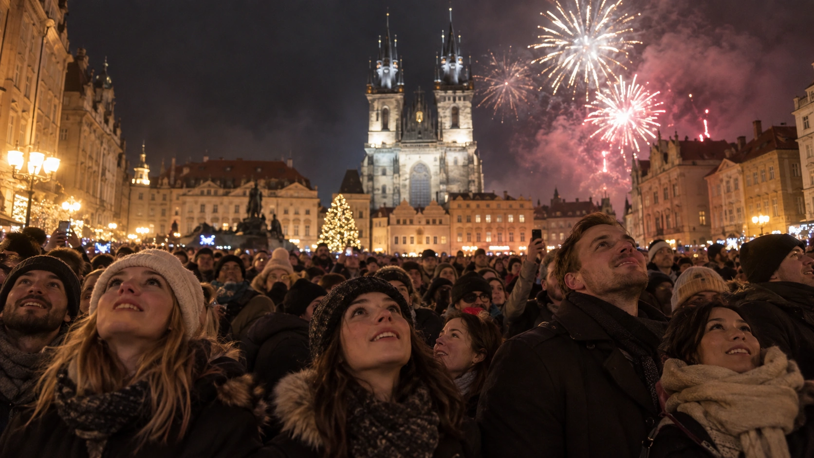 Prompt: A freezing, densely packed crowd of tourists in Prague's Old Town Square at midnight on New Year's Eve. People looking up at the sky, winter jackets, glowing gothic architecture in the background, moody and atmospheric --ar 16:9