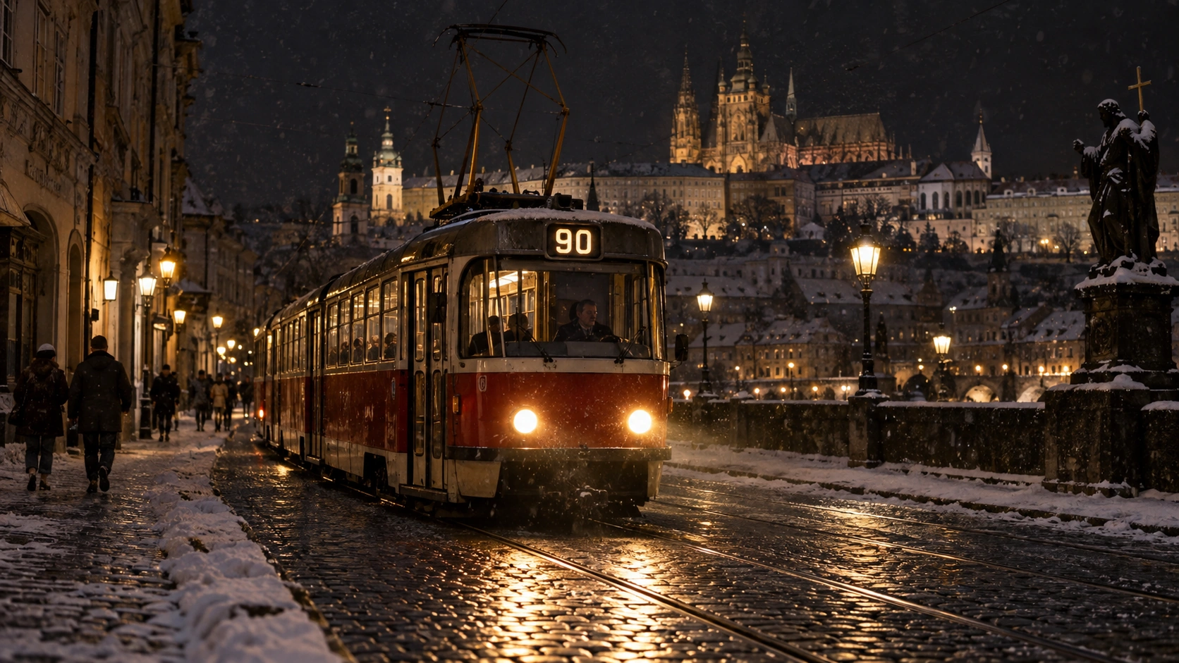 Prompt: A classic red Prague night tram (route 90 series) driving through a snowy, cobblestone street at 3 AM. Glowing yellow headlights, dark urban winter aesthetic, cinematic street photography --ar 16:9