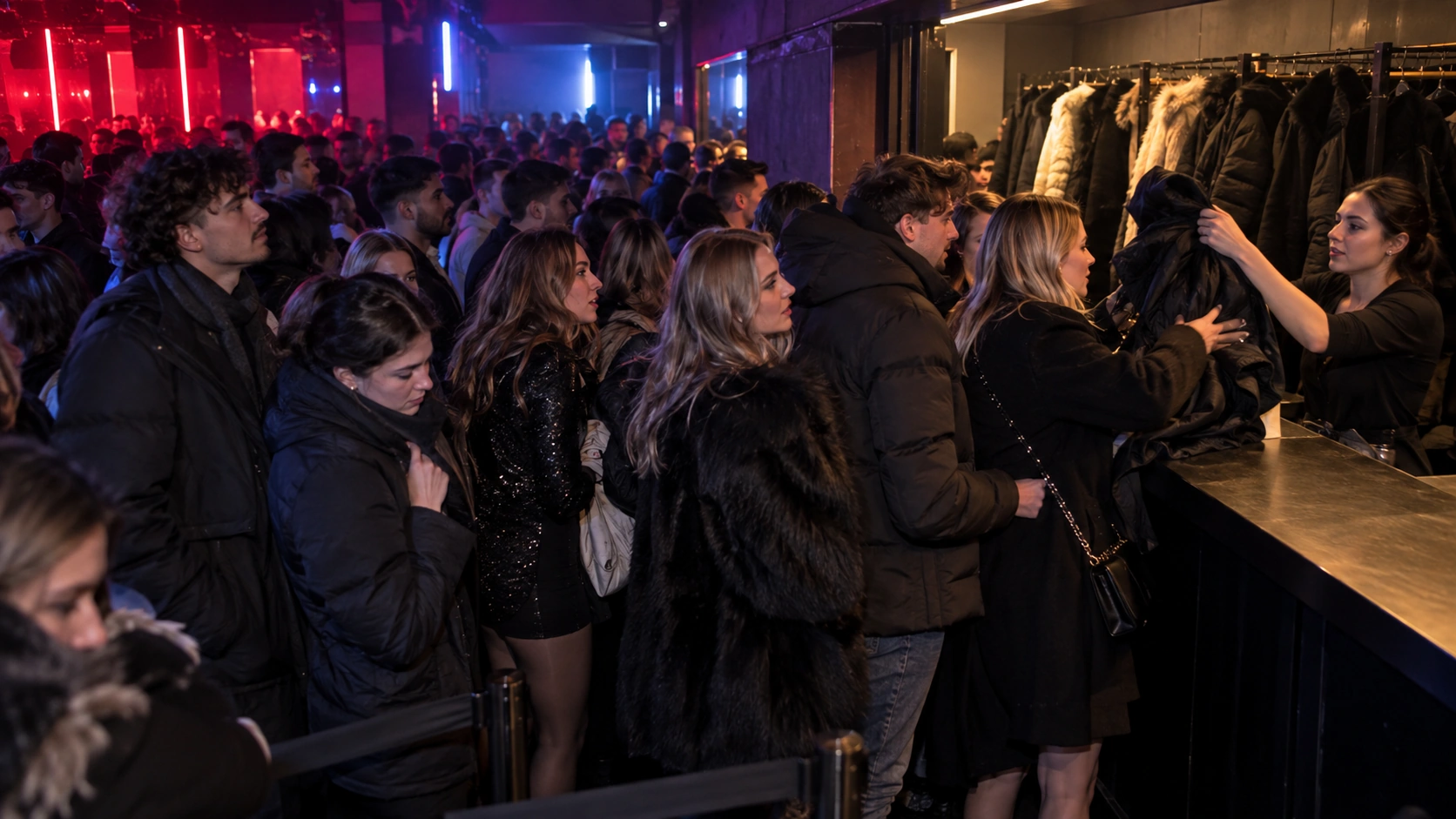 Prompt: A massive, chaotic queue of young clubbers in heavy winter coats waiting at a nightclub cloakroom in Prague. Neon lighting, crowded indoor scene, high contrast, documentary style --ar 16:9