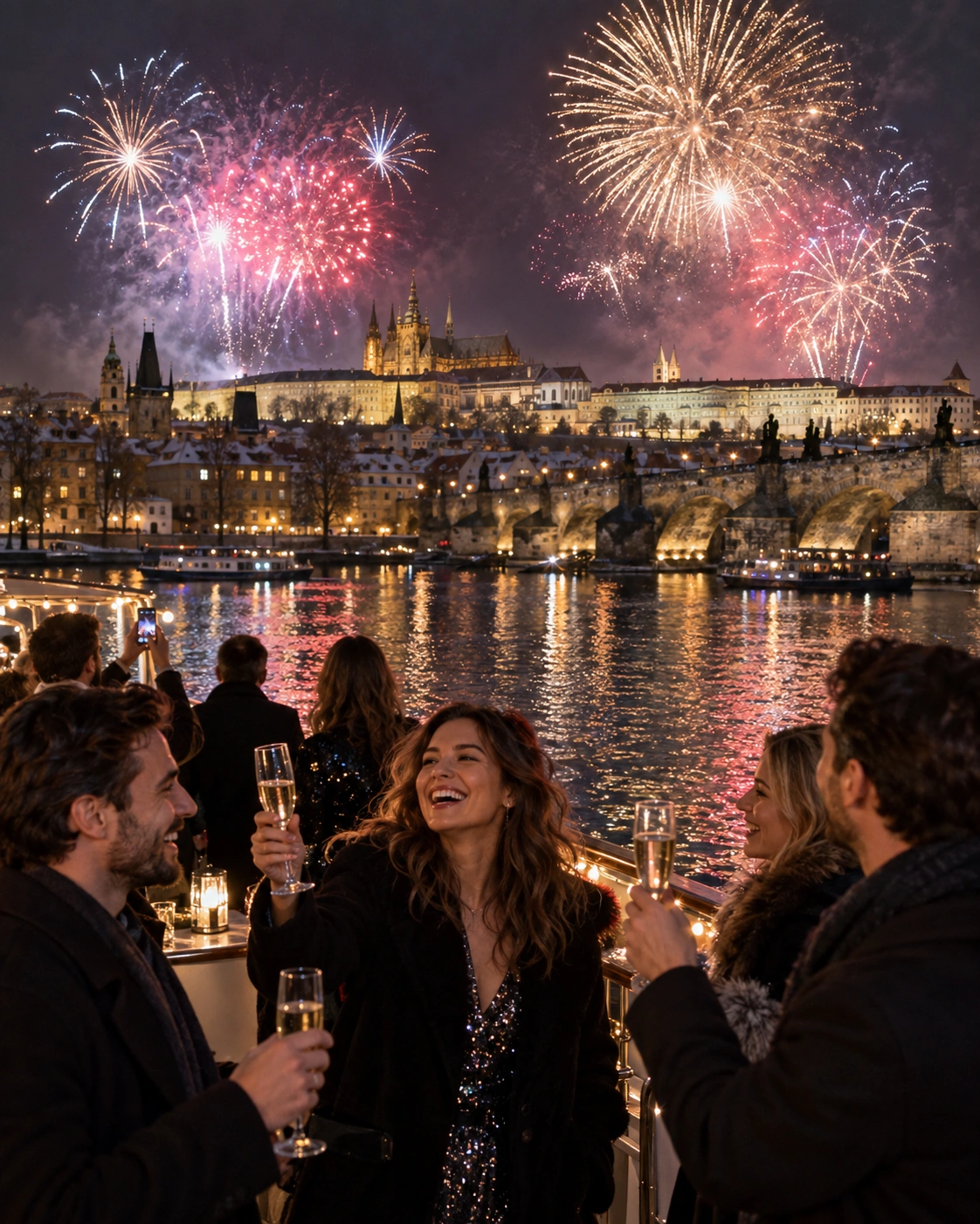 Prompt: Massive colorful New Year's Eve fireworks exploding over the Charles Bridge and Prague Castle. View from the deck of a party boat on the Vltava river, young people holding champagne, celebratory atmosphere, winter night, cinematic lighting, highly detailed --ar 4:5