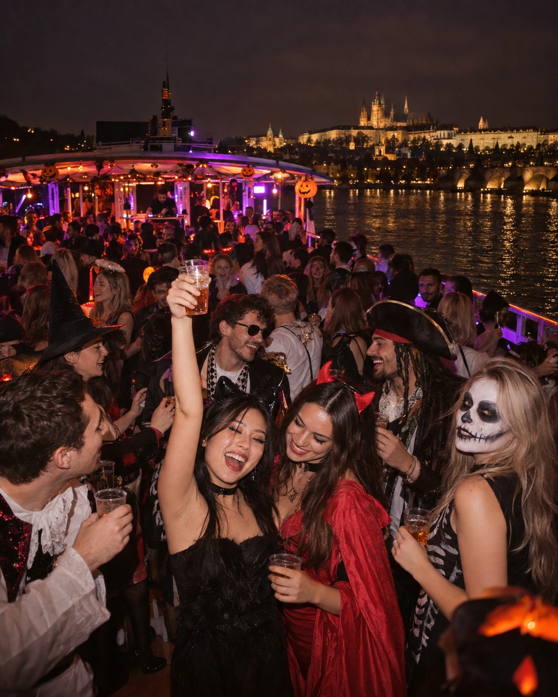 Prompt: A massive Halloween boat party on the Vltava river in Prague, young international students in creative scary costumes holding drinks, glowing orange and purple lighting on the deck, dark atmospheric autumn night, Prague Castle silhouette in the background, 35mm photography --ar 4:5