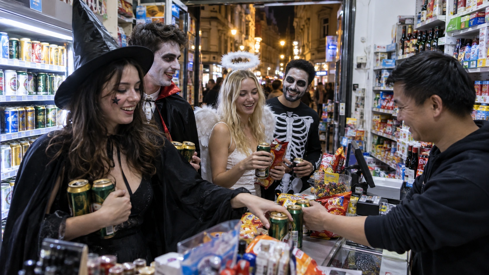 Prompt: A group of international students in full Halloween costumes buying cheap beer and snacks inside a brightly lit Vietnamese večerka minimarket in Prague at night. Urban nightlife documentary style, high contrast --ar 16:9