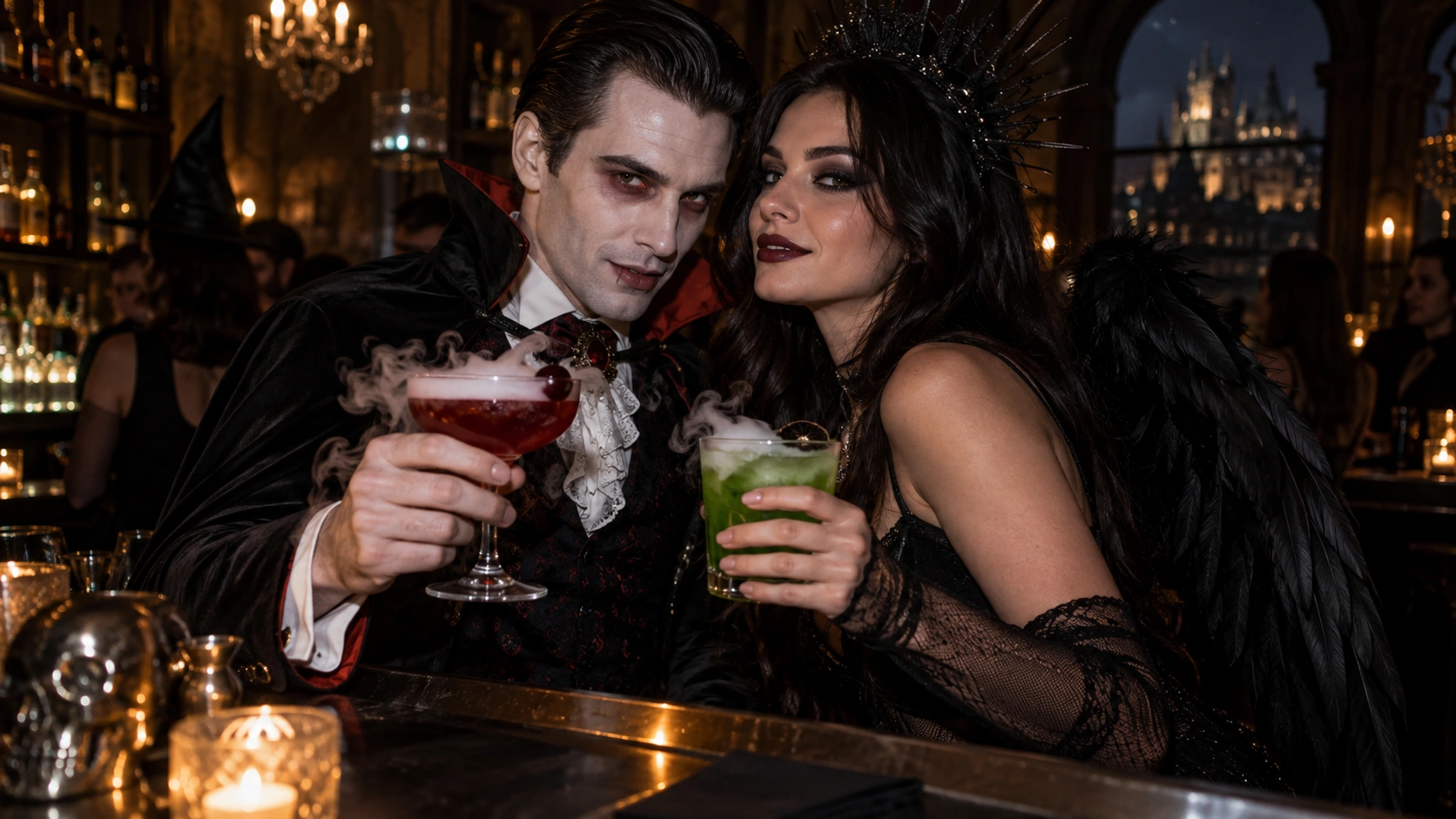 Prompt: Close up of two people in high-quality Halloween costumes (vampire and dark angel) holding bright red and green cocktails at a dark Prague bar counter. Spooky themed drinks with dry ice smoke, moody lighting, realistic --ar 16:9