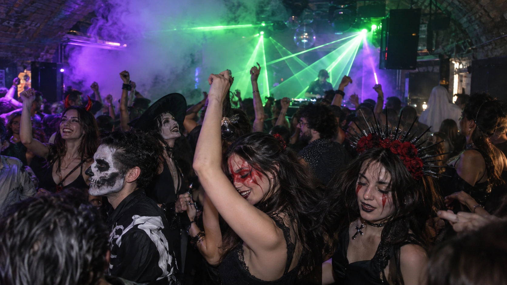 Prompt: A packed underground nightclub in Prague during a Halloween party, crowd of young people jumping, elaborate costumes with fake blood and face paint, heavy fog machine smoke, neon green and purple laser lights, high energy --ar 16:9
