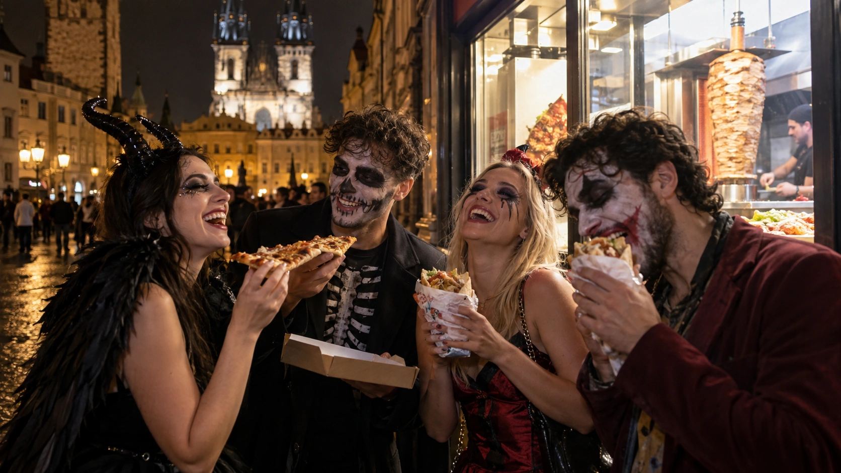 Prompt: Costumed partygoers eating greasy late-night pizza and kebab on the street in Prague at 3 AM. Messy zombie makeup, laughing friends, illuminated fast food window in the background, cinematic street photography --ar 16:9