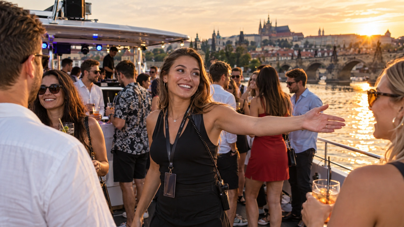 Prompt: A female event host with a VIP lanyard standing on the deck of a crowded Prague boat party, smiling and directing guests. Warm sunset lighting over the Vltava river, energetic festival atmosphere, high quality --ar 16:9