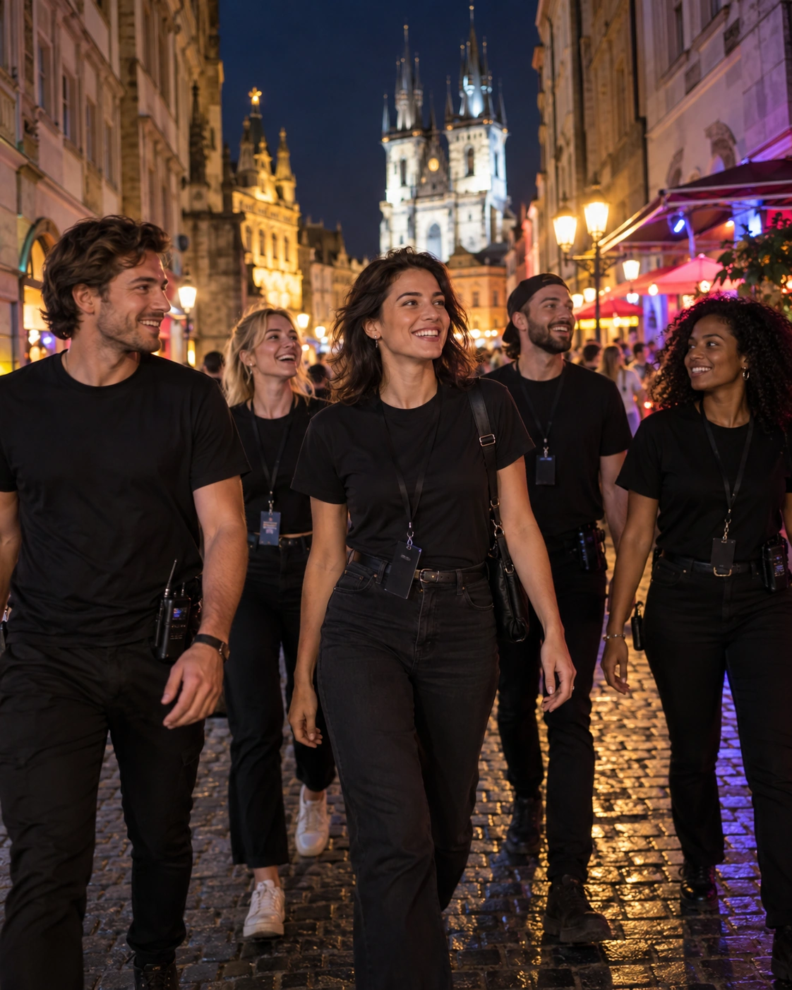 Prompt: A diverse group of young international event staff walking confidently down a cobblestone street in Prague at night, wearing matching stylish black crew t-shirts. Smiling, energetic vibe, neon city lights in the background, cinematic street photography --ar 4:5