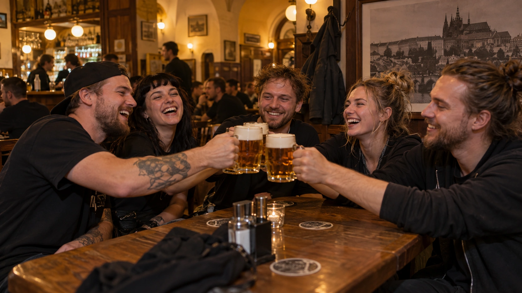 Prompt: A group of young event crew members sharing a celebratory round of beers at a traditional Prague pub after finishing their night shift. Genuine laughter, tired but happy expressions, warm indoor pub lighting --ar 16:9