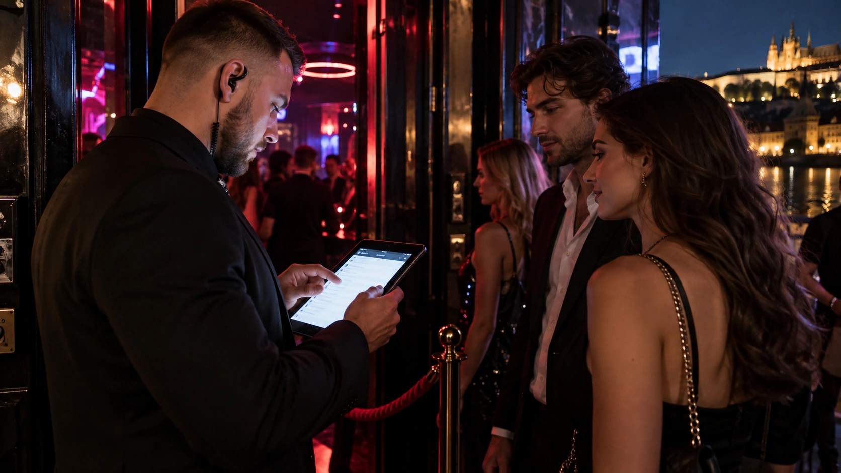 Prompt: Close up of a nightlife host checking a digital VIP guest list on a glowing iPad at the entrance of a high-end Prague nightclub. Dark moody lighting, neon reflections, professional event management aesthetic --ar 16:9