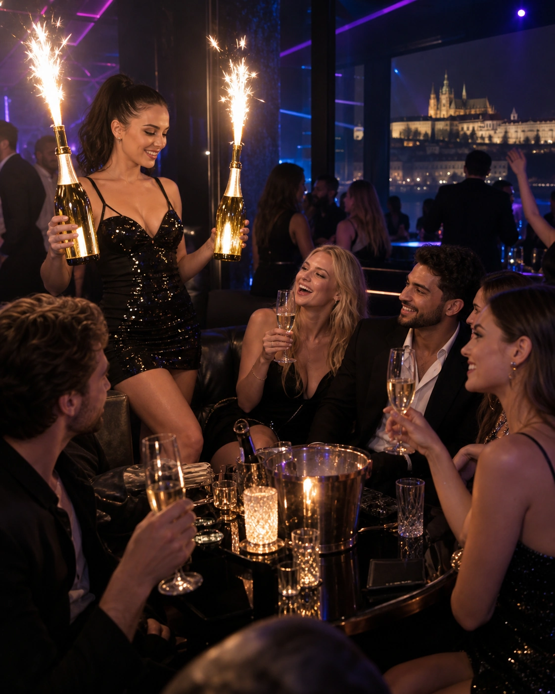 Prompt: An upscale VIP nightclub lounge in Prague, stylish waitress delivering glowing bottles of champagne with sparklers to a private booth, international party crowd celebrating, dark sleek interior with neon laser reflections, 35mm nightclub photography, cinematic lighting --ar 4:5