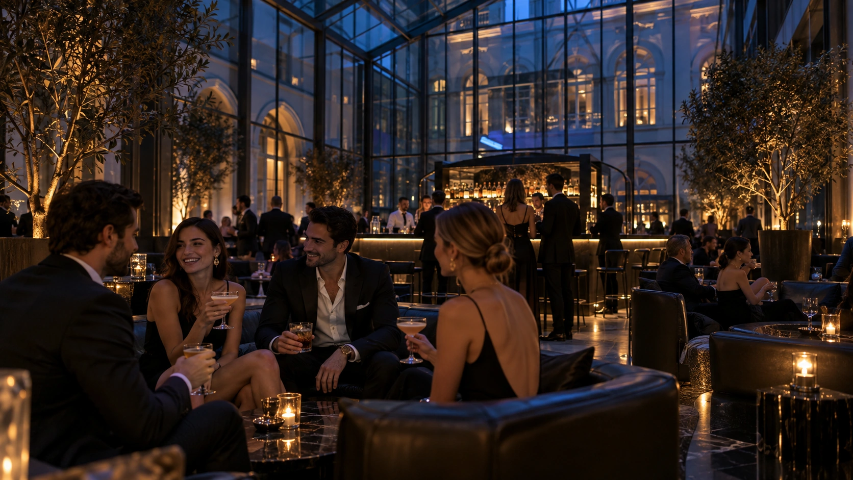 Prompt: The sophisticated glass atrium courtyard inside Moonclub Prague at midnight. Soft ambient blue and amber lighting, modern leather couches, elegant patrons holding craft cocktails, stylish upscale aesthetic, high quality --ar 16:9