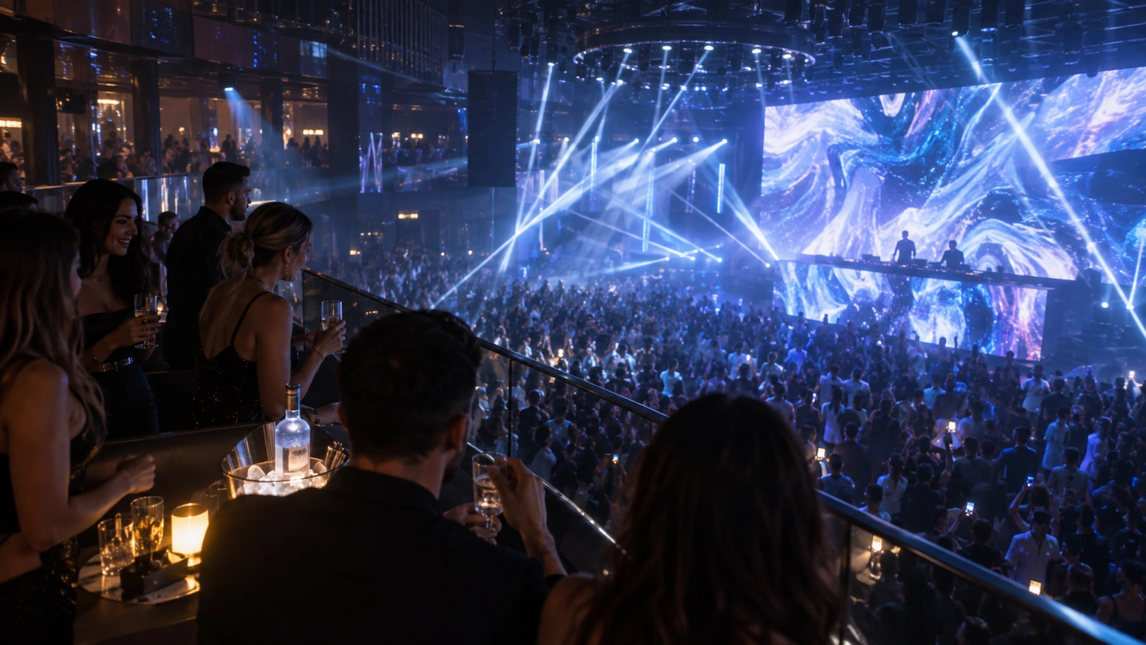 Prompt: Wide shot from the elevated VIP mezzanine inside EPIC Club Prague looking down over the packed dancefloor. Massive 100m2 LED screen glowing behind the DJ booth, laser beams cutting through haze, premium vodka bottle on the VIP table, realistic --ar 16:9