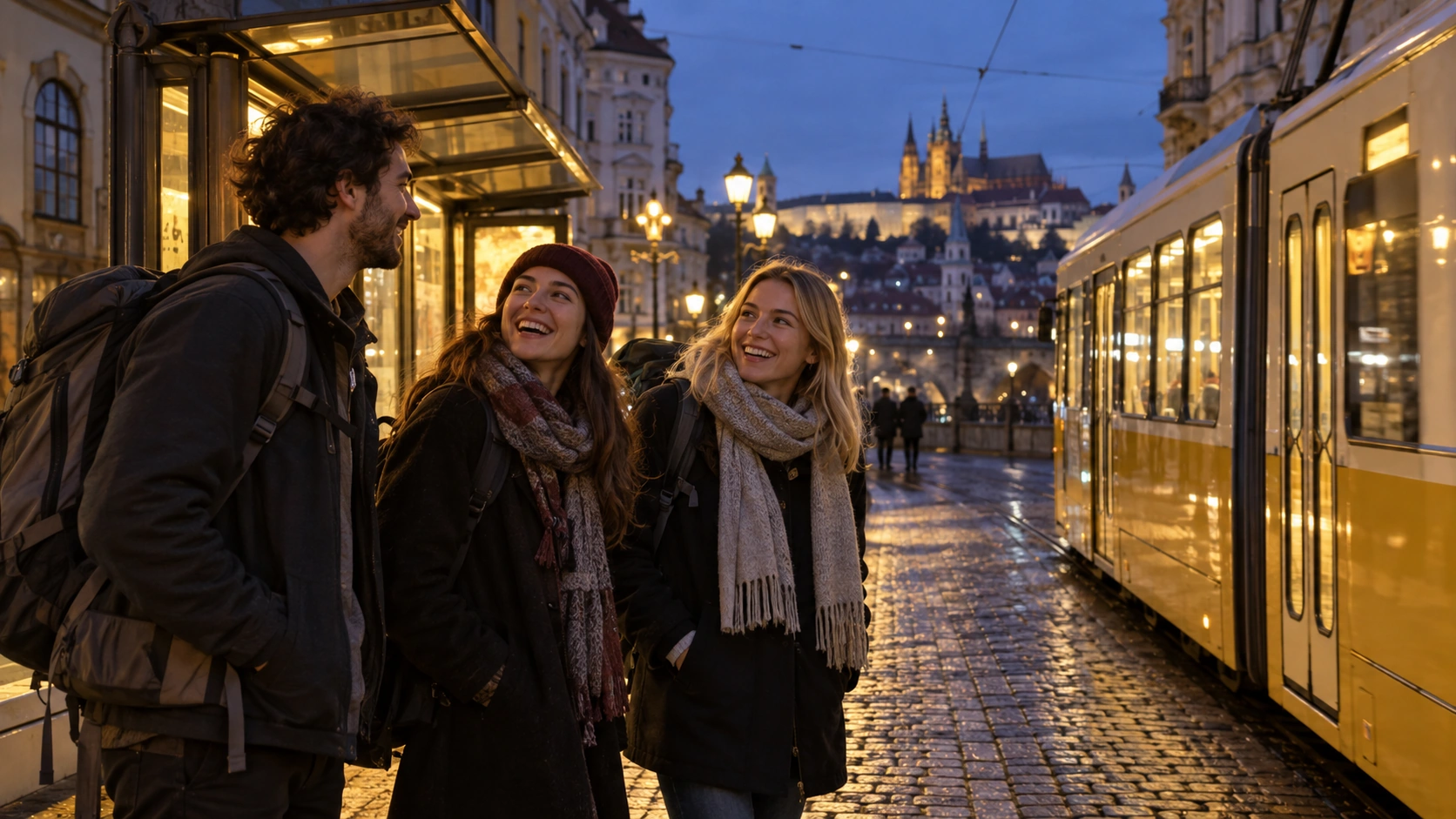 Prompt: Three young travelers laughing and waiting at an illuminated yellow Prague tram stop in the early morning hours, cobblestone street, historic building facades in the background, urban documentary style --ar 16:9