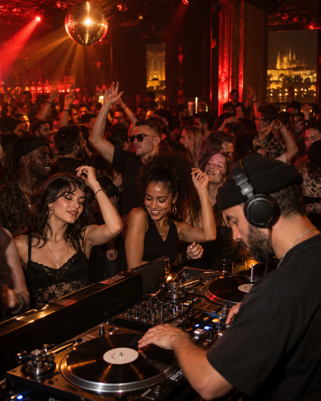 Prompt: An energetic, crowded urban nightclub dancefloor in Prague, young diverse crowd dancing to Hip-Hop and R&B, a skilled DJ with headphones scratching on turntables, dynamic warm red and gold club lighting, 35mm nightclub photography, realistic, high energy --ar 4:5