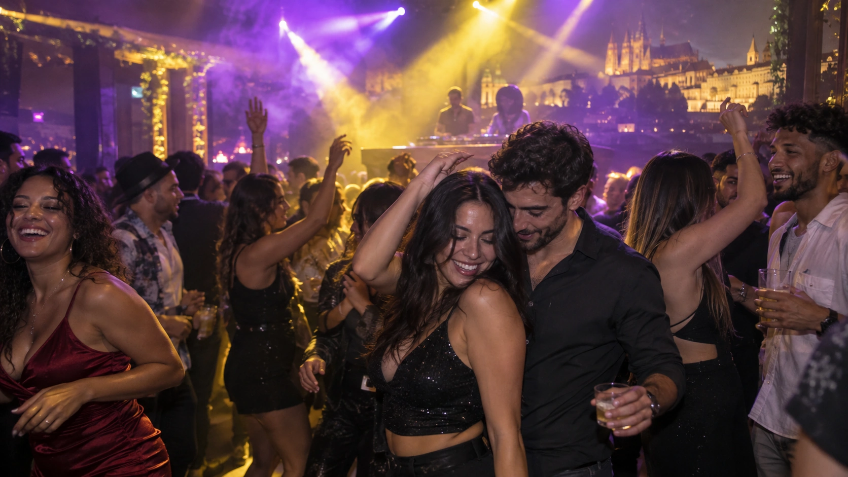 Prompt: A vibrant Latin and Reggaeton club party in Prague, international crowd laughing and dancing closely, colorful purple and yellow stage beams, smoke haze, lively weekend festival atmosphere --ar 16:9