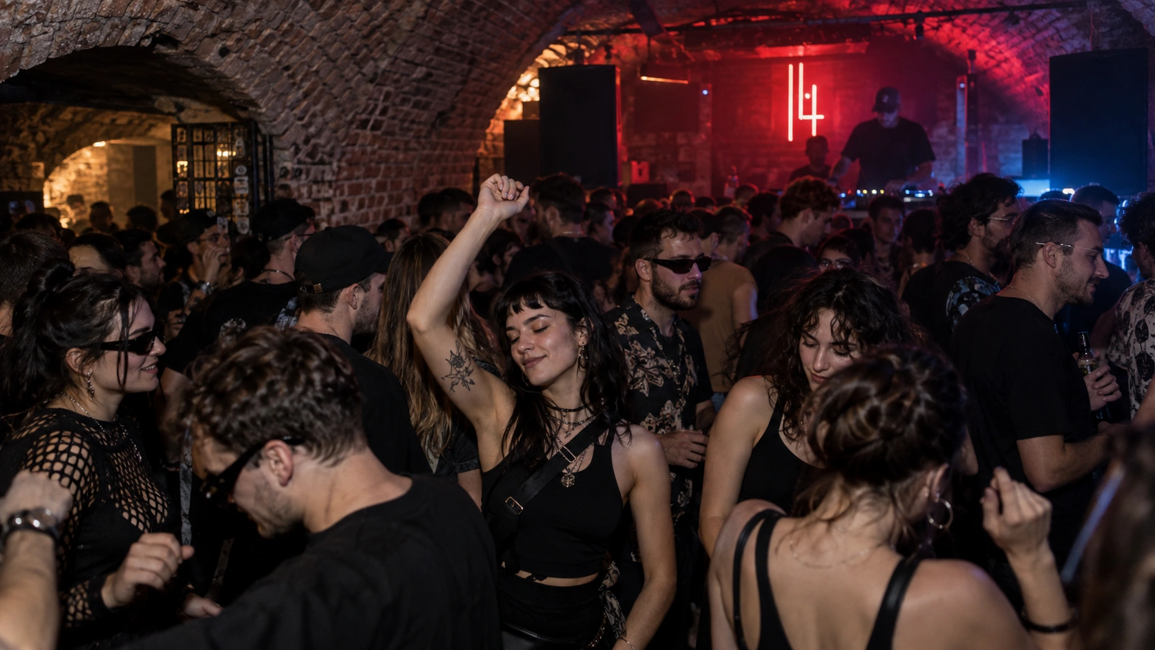 Prompt: A packed underground brick basement club floor in Prague, urban street-style crowd vibing to bass music, subtle neon signage, high contrast shadows, authentic European underground nightlife scene --ar 16:9