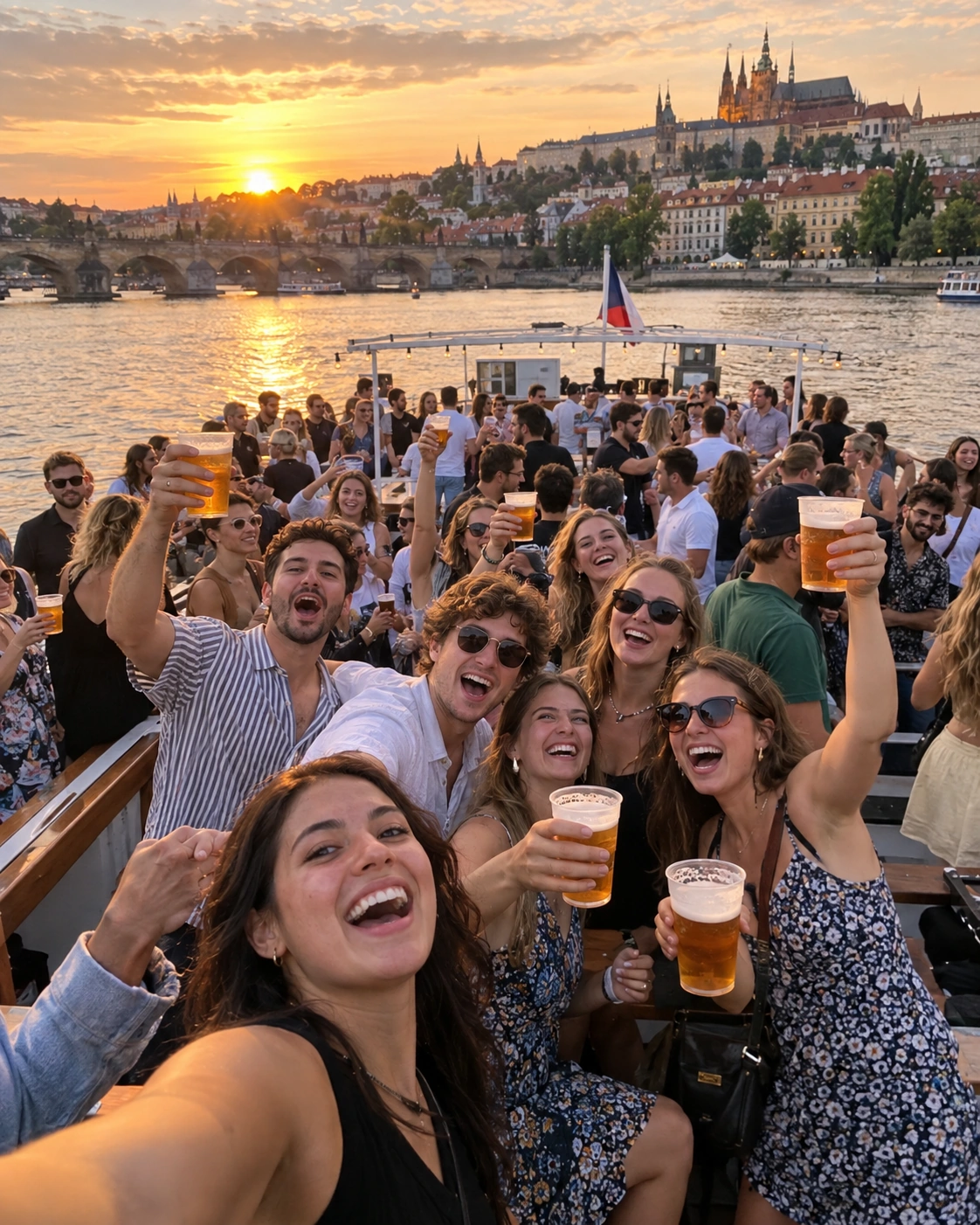 Prompt: A massive university society group of 40+ young students celebrating on the deck of a chartered private boat on the Vltava river in Prague. Cheerful energy, sunset glow reflecting off Prague Castle, students holding draft beers, dynamic wide-angle photography, realistic festival vibe --ar 4:5